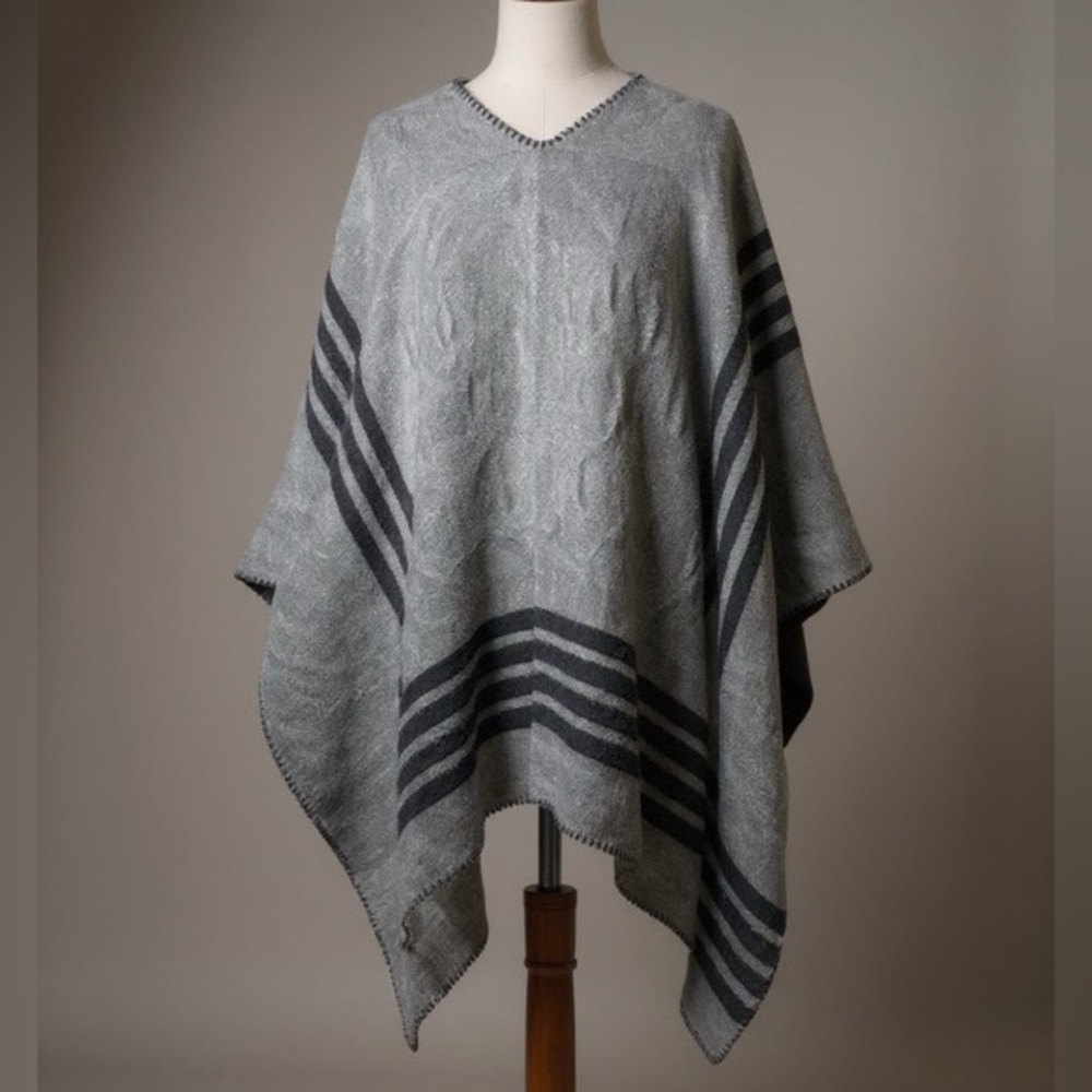Gray & Black Striped Open Front Poncho Wrap Shawl Blanket Cape